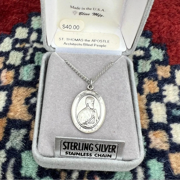 St. Thomas the Apostle Sterling Silver Oval Religious Medal Necklace 18” Chain - Picture 2 of 3